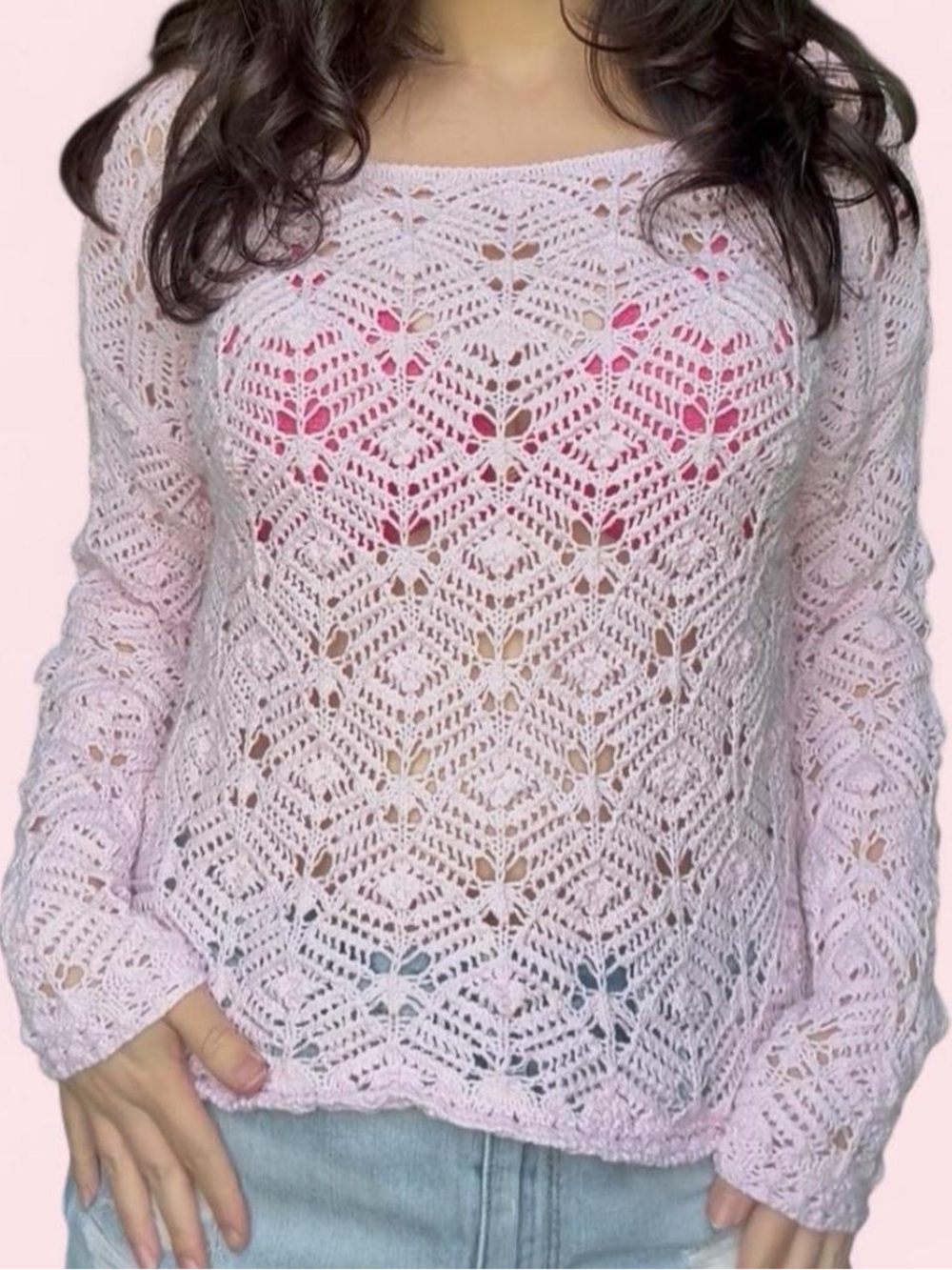 Francesca's Collections Crochet Openwork Long Sleeve Top - Light Pink